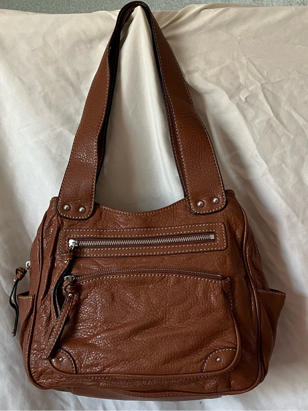 StJohnsBay Brown Faux Leather Shoulder Bag Multi Pocket Hobo Tote.